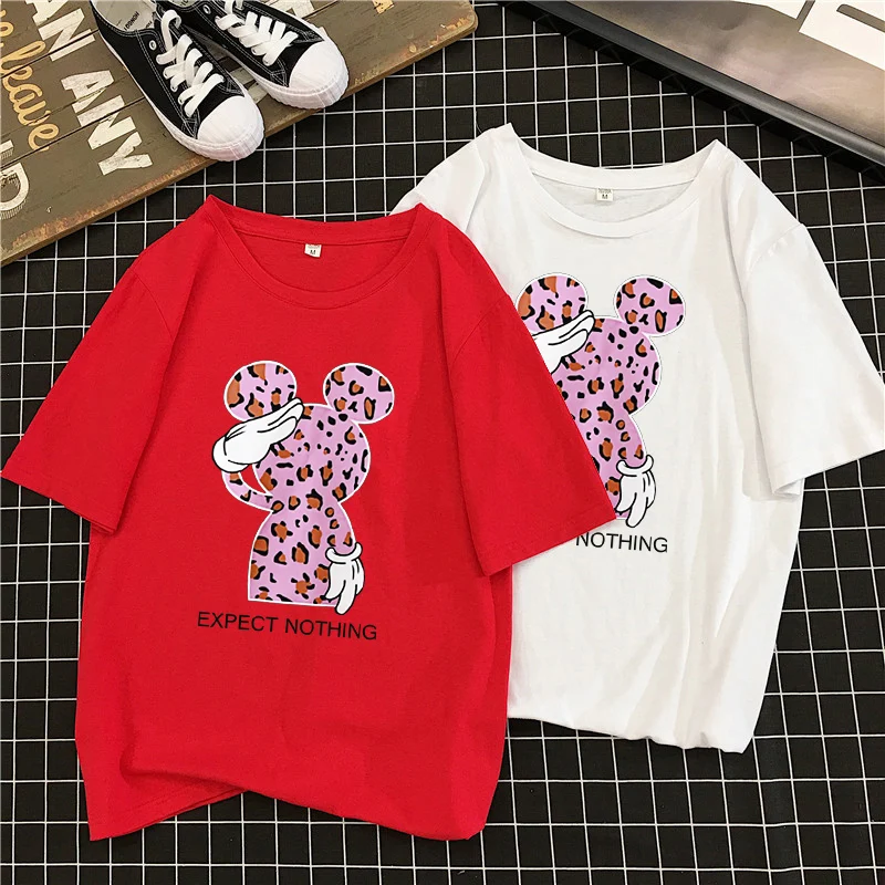 

2019 summer Women Short Sleeve t shirt Mickey Print Loose Tees harajuku Cute T-shirts fashion Leopard cotton plus size tops