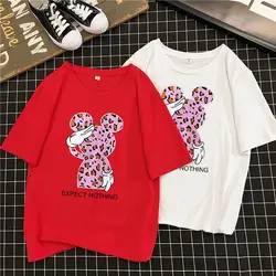 Лето 2019 г. для женщин футболка с коротким рукавом Микки Принт Свободные безрукавки harajuku милые футболки Модные леопардовые хлопковые плюс