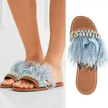 2017 Hot Summer Women’S Sandals Beach Slipper Feather Flip Flop Women Summer Crystal Flat Sandals Comfortable Zapatos Mujer
