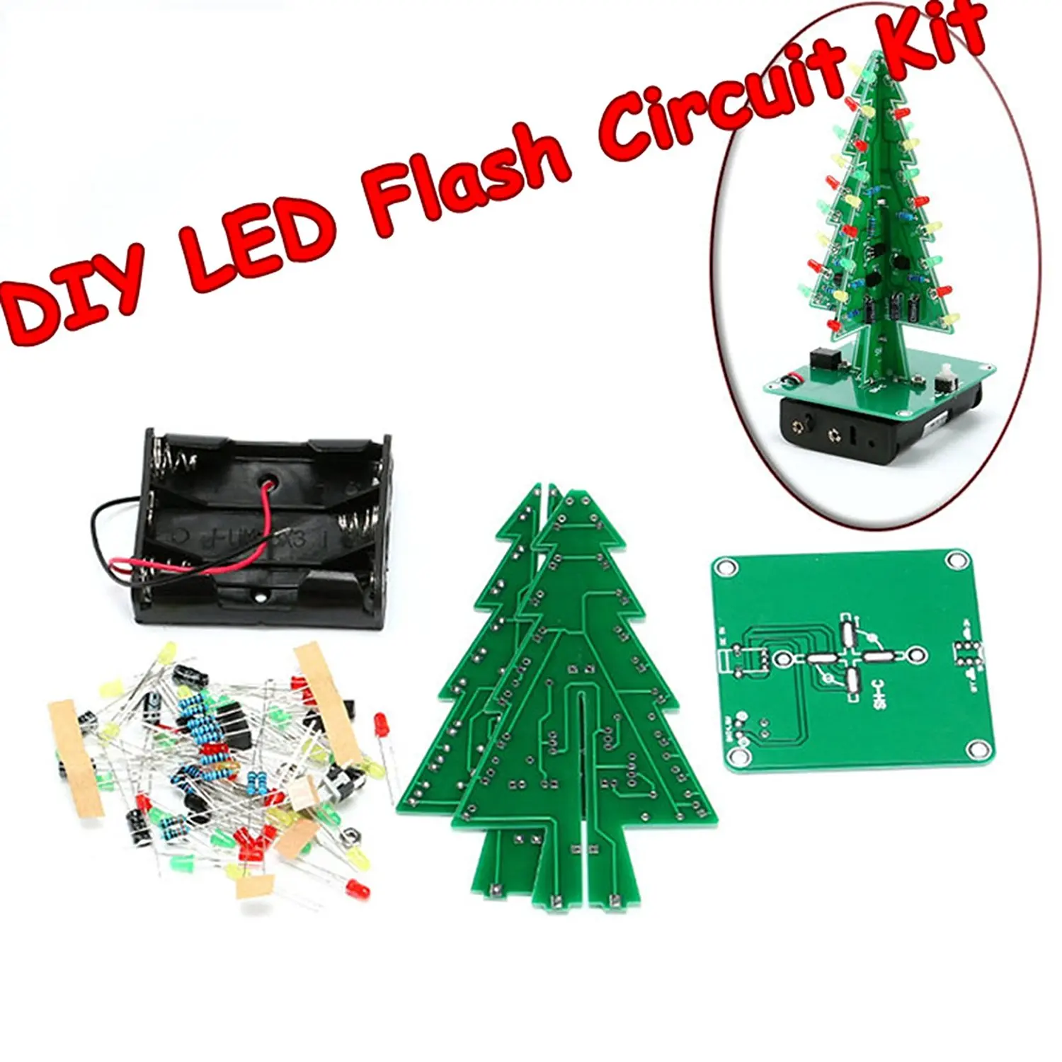 Three Dimensional 3D Christmas Tree LED DIY Kit Red Green Yellow LED Flash Circuit Kit Electronic Fun Suite Christmas Gift in 3D Printer Parts & Accessories