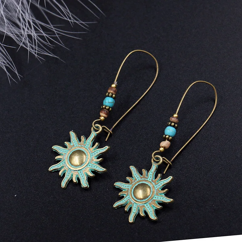 

Women Bohemian Earrings Jewelry Elegant Antique Green Metal Sun Dangle Earrings For Women