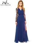 Save 5.04 on Nice-forever Sexy Blue Summer Elegant V Neck Long Lace Sleeve Fitted dress Women Fashion Slimming Chiffon Split Maxi Dress A001