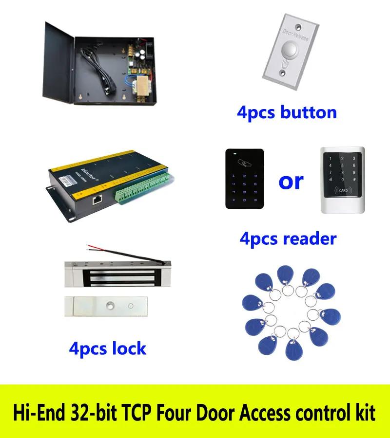 

Hi-end 32-bit access control kit,TCP four door+power+180kg magnetic lock +ID touch keypad reader+button+10 ID tags,sn:kit-AT403