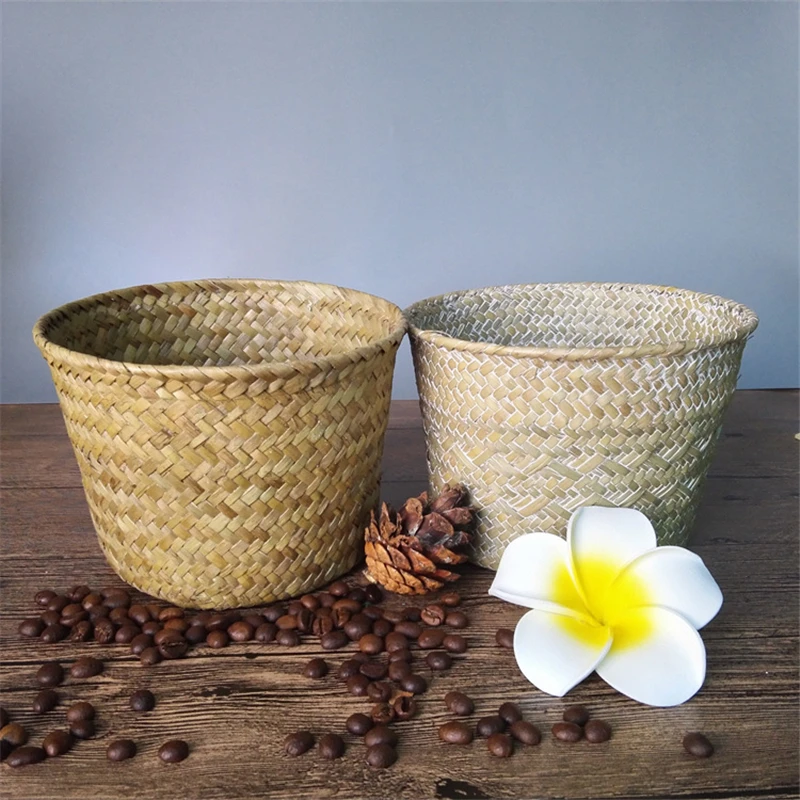 

1pc Bamboo Storage Baskets Straw Patchwork Handmade Laundry Wicker Rattan Seagrass Belly Garden Flower Kitchen Storage Basket