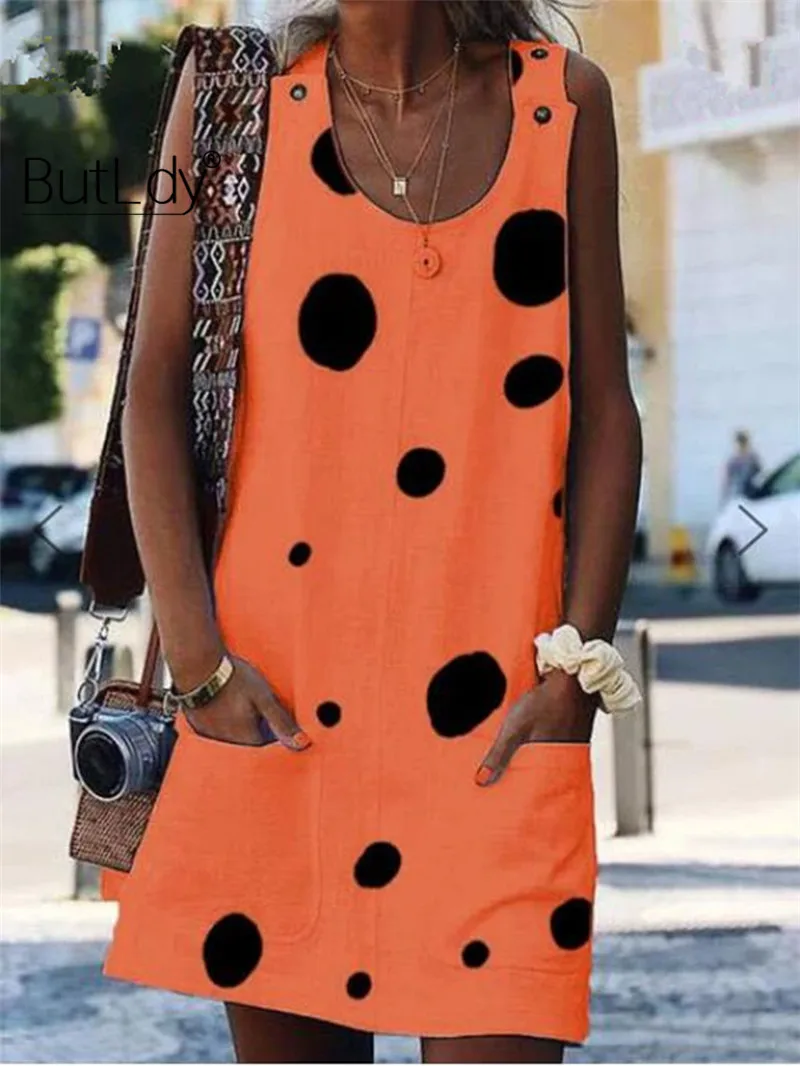 Big Polka Dot Tank White Women Dress Summer 2019 Sexy Sleeveless Ladies Dresses with Pockets Button Cotton Linen Dress Women