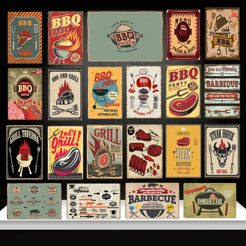 

BBQ Gril Party Zone Retro Plaque Steak House Metal Tin Signs Food Meat Poster Barbecue Menu For Bar Kicken Home Wall Decor YD009