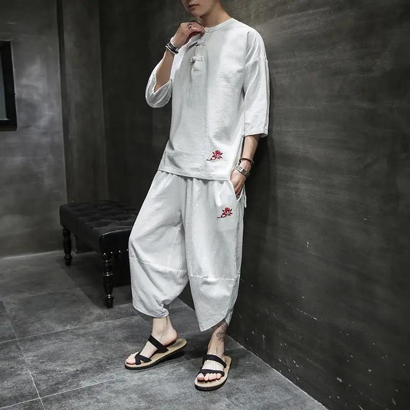 Плюс размер 4XL 5XL китайский стиль винтажный спортивный костюм мужской топ с коротким рукавом+ укороченные штаны комплекты из 2 предметов свободная Летняя мужская одежда - Цвет: White Tracksuit Men