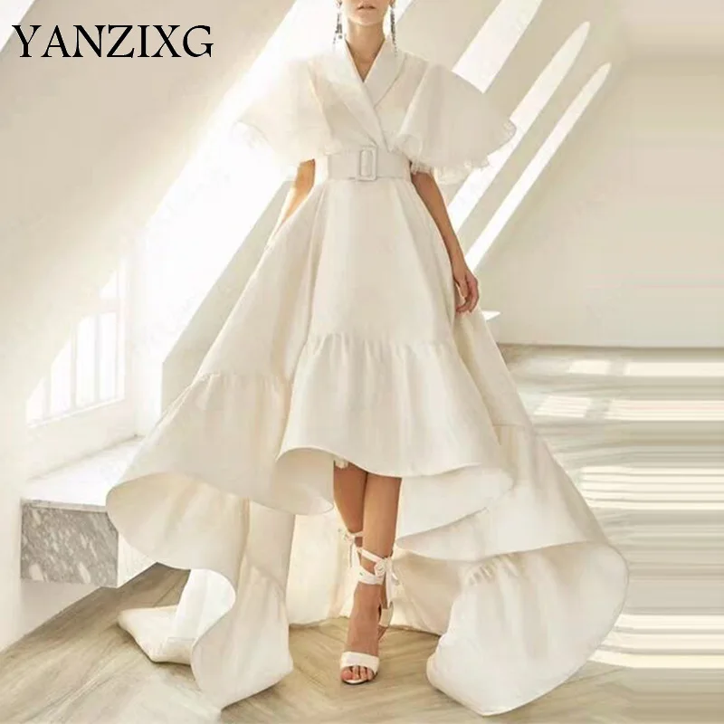 

2019 New Spring And Summer Fashion Women Clothing Notched Collar Flare Sleeves High Waist Court Styles Asymmetrical Q699
