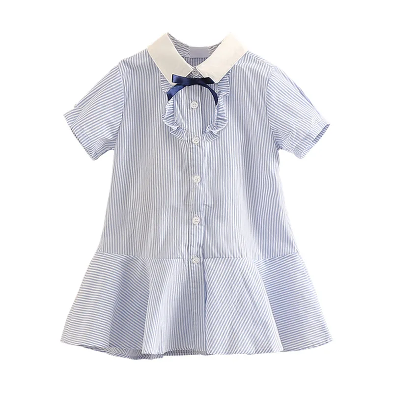 

Baby Kids Girls Summer Blue Stripe Short Sleeve Dresses Girl's Turn Down Collar Preppy Style Dress Children's Clothing