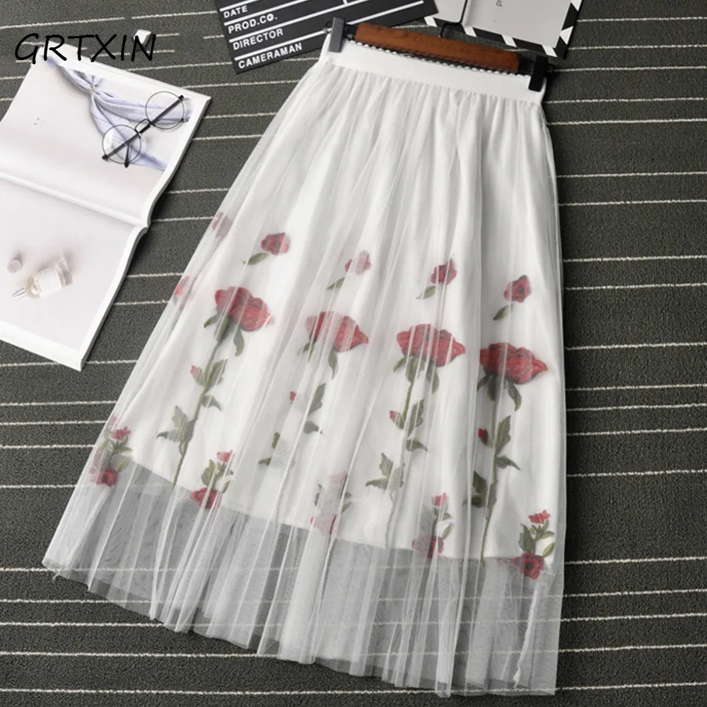 

GRTXIN Women Fashion Vintage Long Skirts Black White Floral Mesh Embroidery Saia A Line Faldas Summer Bohemian Midi Skirt