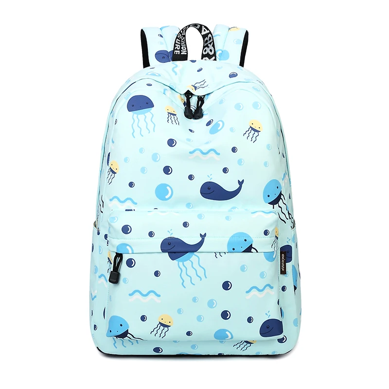 Waterproof Lightweight Cute Blue Whale Pattern School Backpack Fish