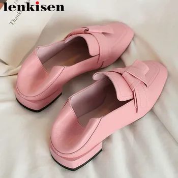 

Lenkisen vintage British style low heels genuine leather butterfly-knot square toe plus size pumps slip on streetwear shoes L52