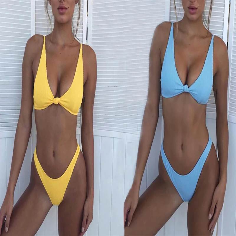 Bikini 2019 Tie Knot Front Woman Swimsuit Push Up Swimwear High Waist Bath Suits Women Plavky High Biquine Sexy Swimswear Bikiny