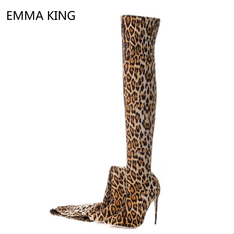 

Women Thigh High Pointed Toe Boots Leopard Print Thin High Heels Over The Knee Long Boots Big Plus Size High Boots Shoes Woman