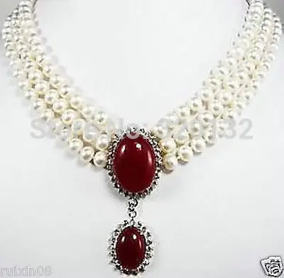 

Wholesale Natural new White Freshwater Pearl & red jade pendant Necklace Unusual Fine Bridal Silver hook Free Shipping
