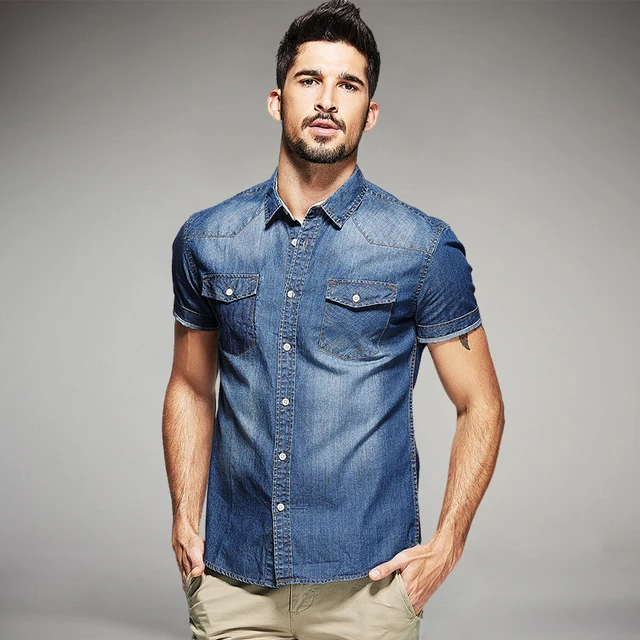 New Summer Fashion Mens Denim Casual Shirts Short Sleeve Brand Clothing ...