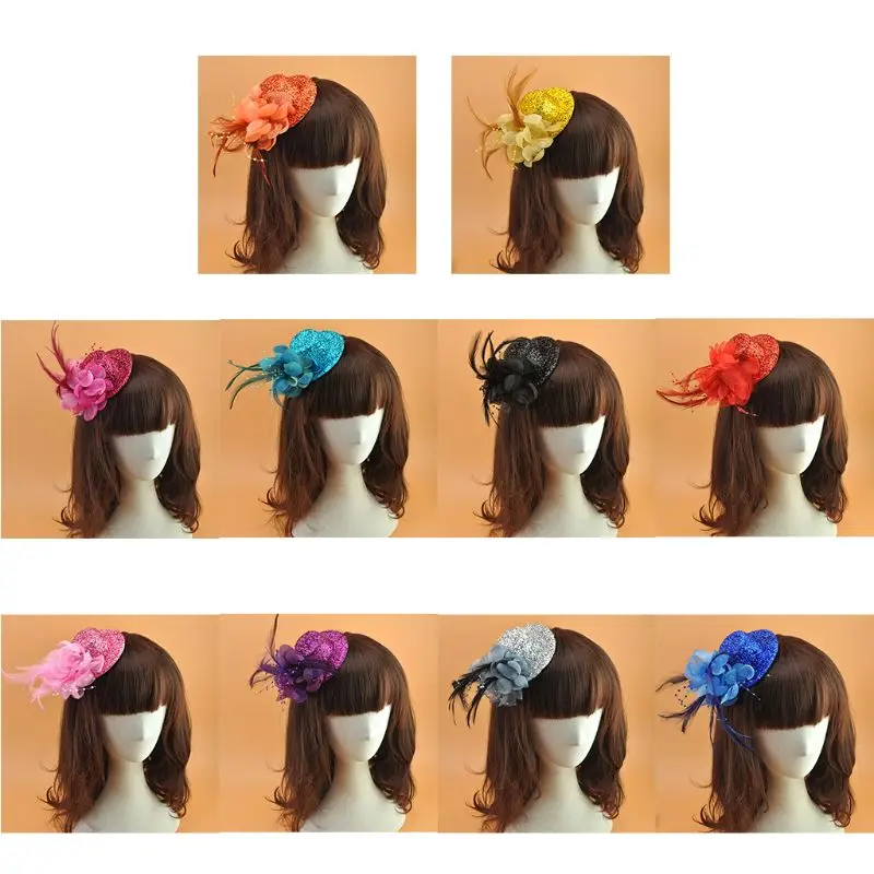 

Women Girl Small 10cm Felt Topper Glitter Powder Fascinator Hat Flower Feather Beaded Alligator Hair Clip Wedding Party