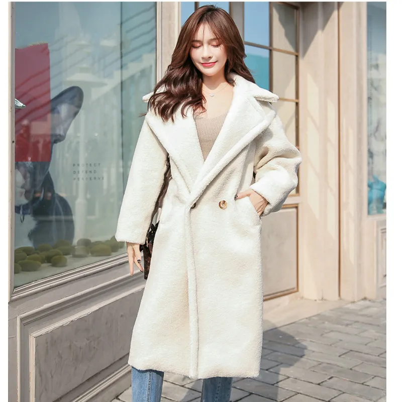 

2019 New Female Street Style Long Coat White Color with Pocket Fashion Design Thick Warm Teddy Coat Women Faux Fur Beer Fluffy
