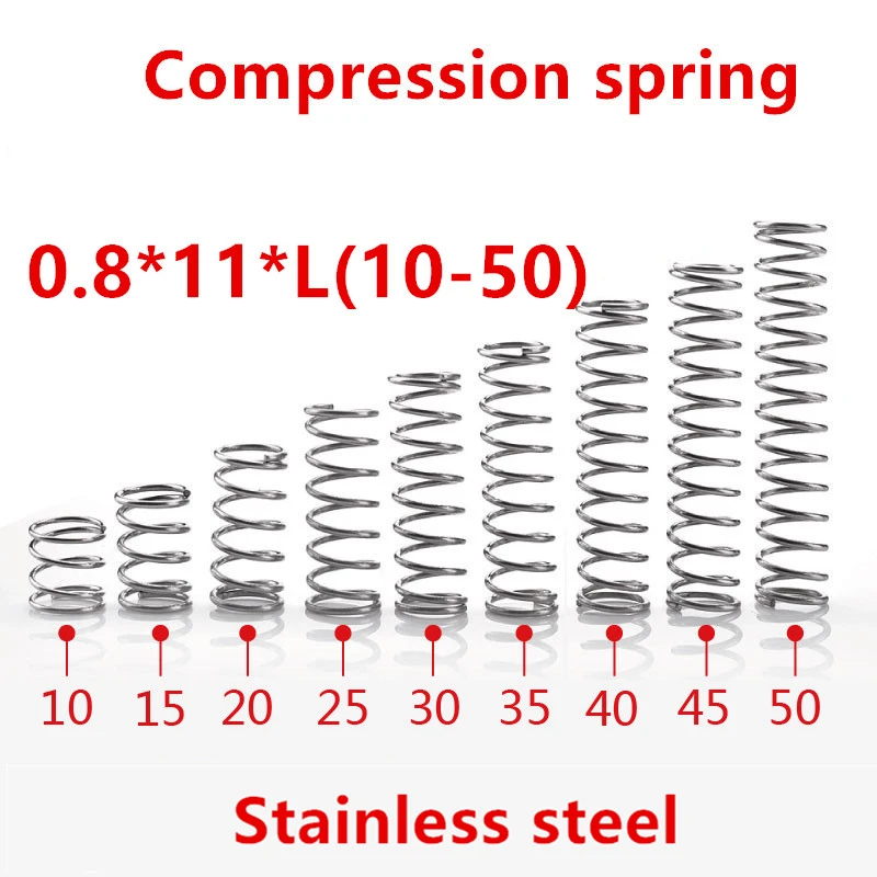 50 stks/partij 0.8*11*10/15/20/25/30/35/40/ 45/50mm lente 0.8mm rvs Micro kleine drukveer