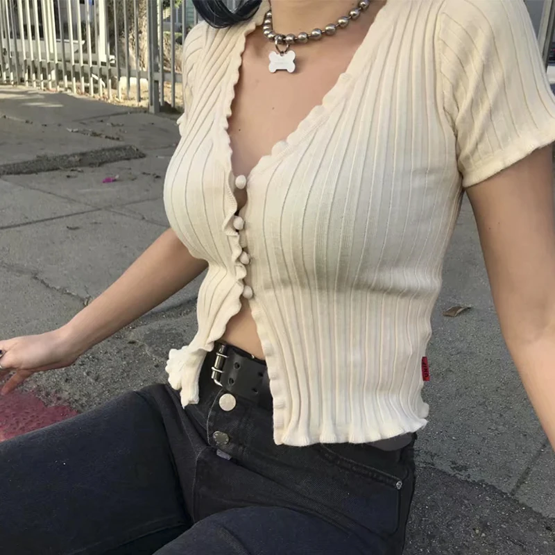 En Ligne BRADELY MICHELLE 2019 femmes mode à manches courtes volants Cardigans chandails avec simple boutonnage grand élastique tricoté Crop hauts