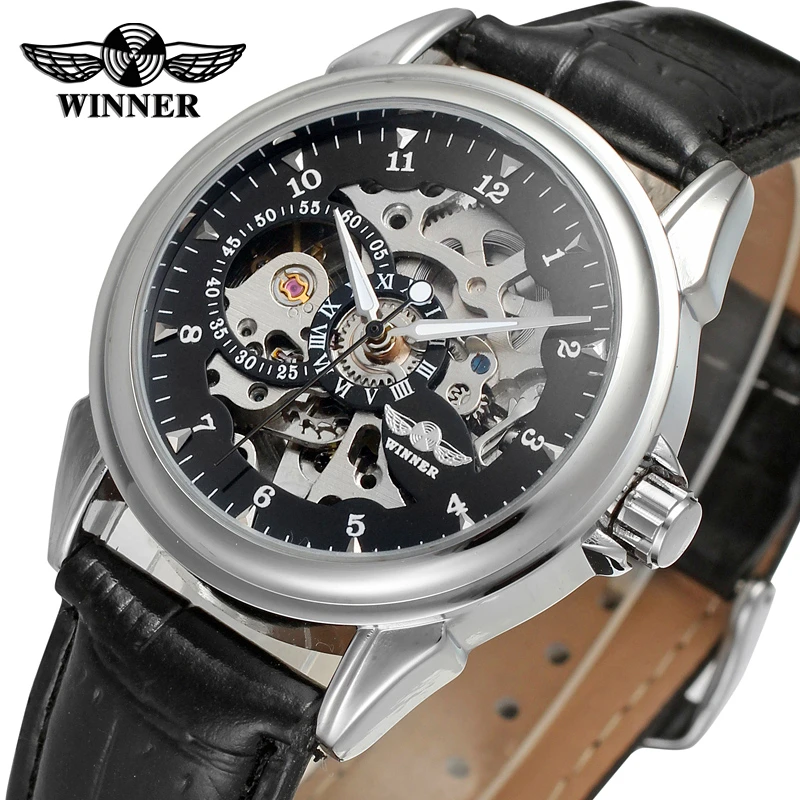 Fashion WINNER Brand Men Luxury Casual Skeleton Leather Band Watch Mechanical Hand Wind Wristwatch Gift Box Relogio Releges 2016 men luxury brand casual gold full steel band skeleton automatic self wind mechanical hand wind goden relogio for man wrist watch
