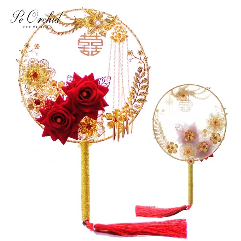 PEORCHID Винтаж красное золото букет невесты Китайский традиционные круглые дворец ручной вентилятор для Свадебный Свадебные цветы - Цвет: Синий