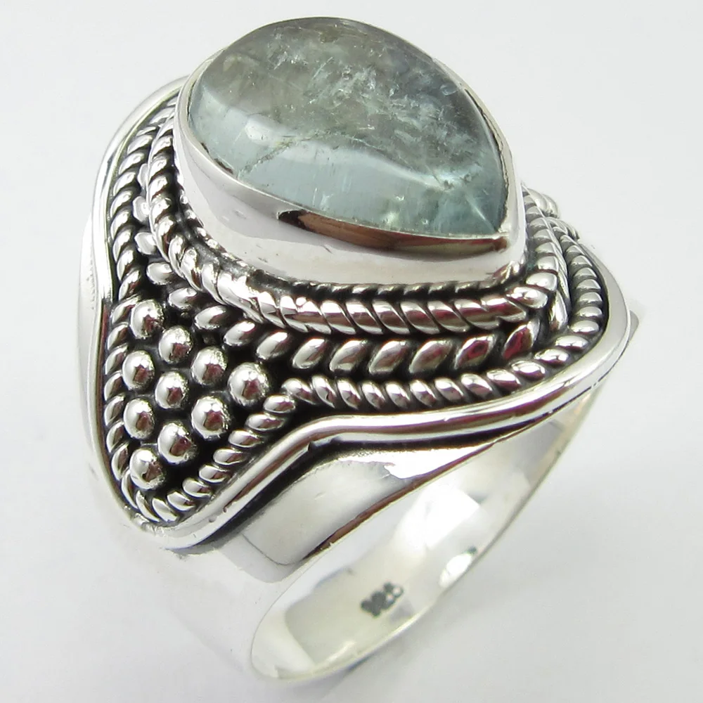 

Aquamarine Ring Sz 7 Face Width 20 mm Stamped Fine Silver Fashion Gemstone Unique Designed