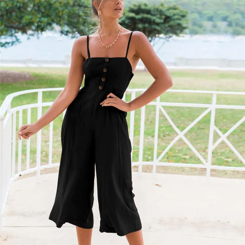 Fashion summer jumpsuit woman 2018 Strappy Soild Button Long Trouser Playsuits Jumpsuit Rompers pantaloni siamesi Y12#N (6)