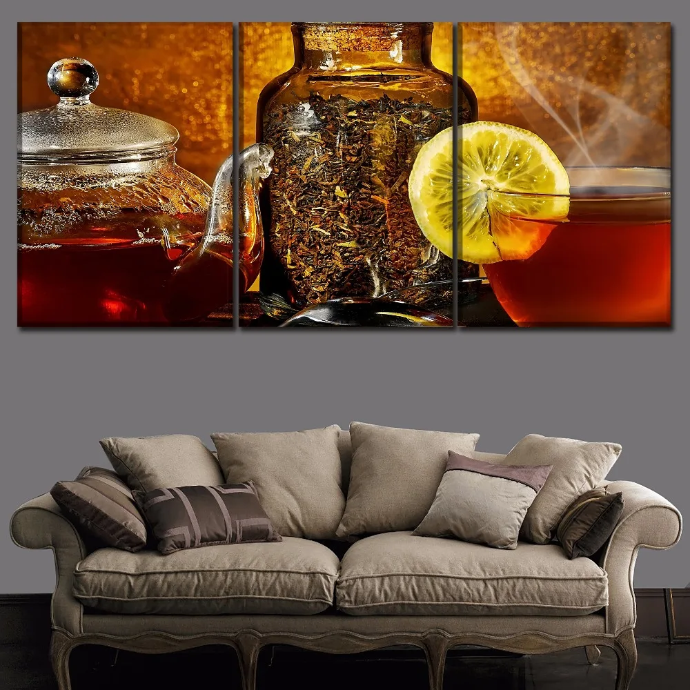Top Rated Canvas Print Painting Wall Art 3 Panel Teapot Lemon Tea Steam