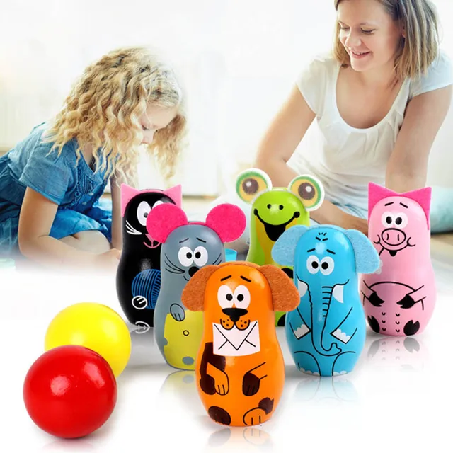 Cheap Wooden Animal Bowling Set Cartoon Early Educational Parent-child Toys @ZJF