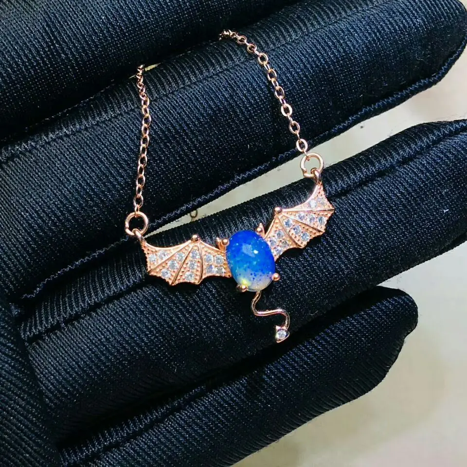 

[MeiBaPJ]Natural Opal Bat Pendant Necklace with Certificate 925 Pure Silver Stone Fine Charm Jewelry for Women