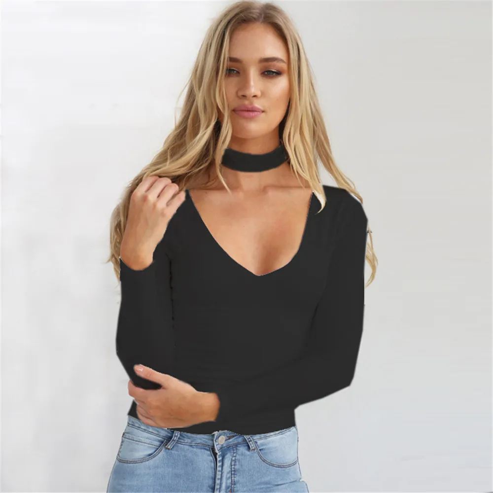 Women Sexy V Neck Slim Tops Zipper Choker Shirt Long Sleeve Tees Camisa