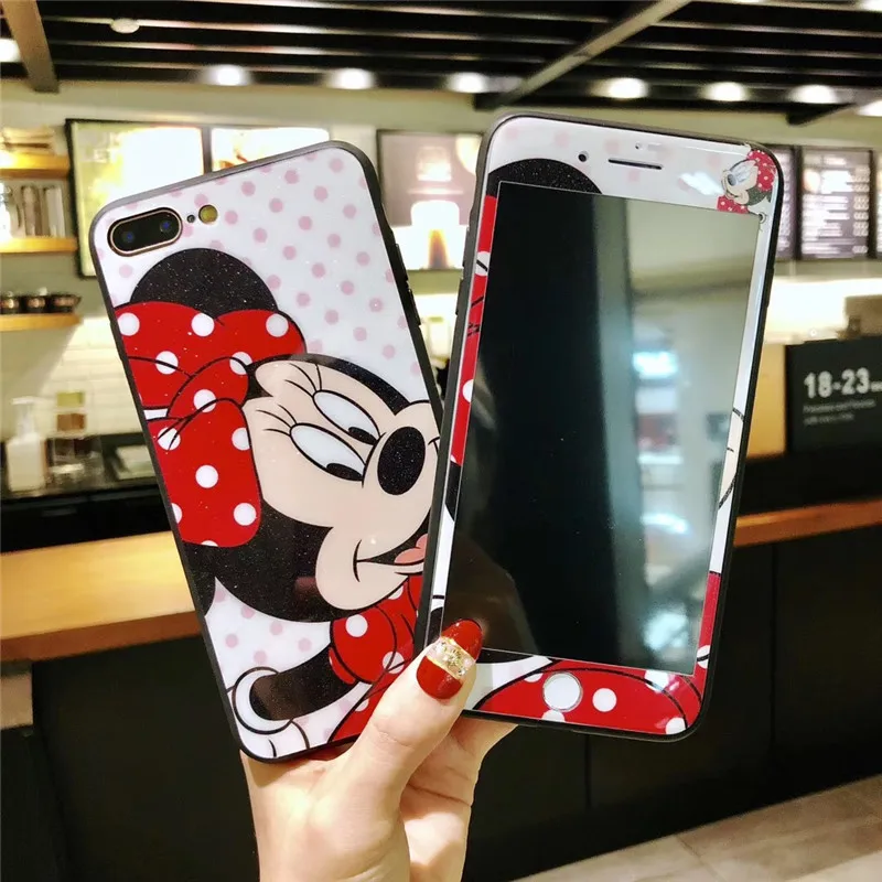 

Minnie Cute Cartoon soft silicone cover For iPhone X case Tempered glass phone case For iphone 6 6S 7 8 plus Tempered film gift