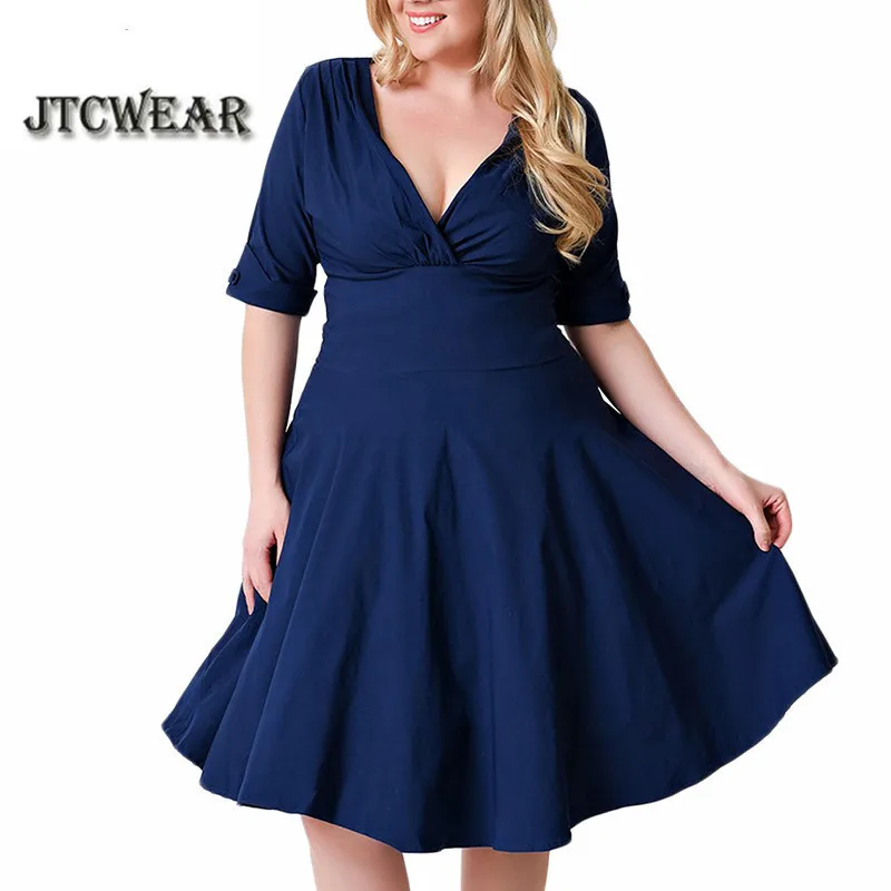 Plus Size Swing Dress 4XL 5XL 6XL 7XL 8XL Retro 1950s Pinup Ruffle V