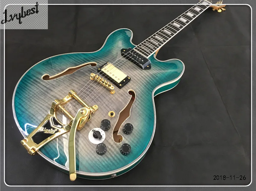 

lvybest customised electric guitar hollow body jazz, thin blue burst body top and back with flame grain,maple neck,gold parts!