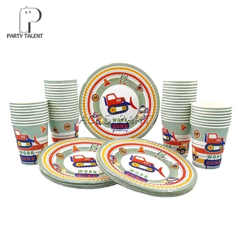 

Party supplies 96pcs Construction Vehicle kids birthday party tableware set, 48pcs dessert plates dishes and 48pcs cups glasses