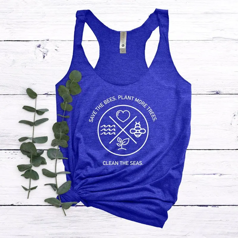 blue-white text Жилет Save The Bees Plant More Trees Clean The Seas майка женская футболка для тренировок - Цвет: blue-white text