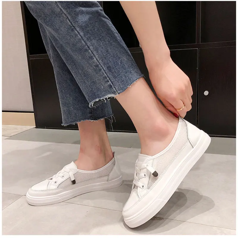 

Tangnest New Lace-Up Loafers Women Mesh Shoes White Round Toe Creepers Summer Soft Comfort Slip on Ladies Casual Flats XWF714