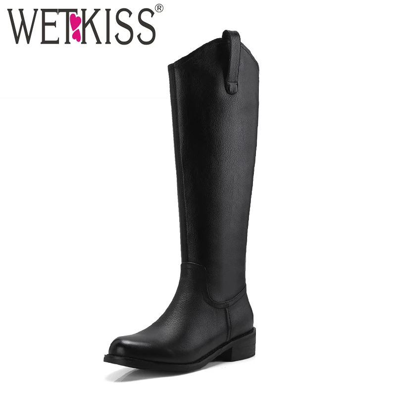 

WETKISS Winter Thick Heels Women Boots Round Toe Zip Footwear Cow Leather Female Riding Boot Knee High Shoes Woman 2018 Black