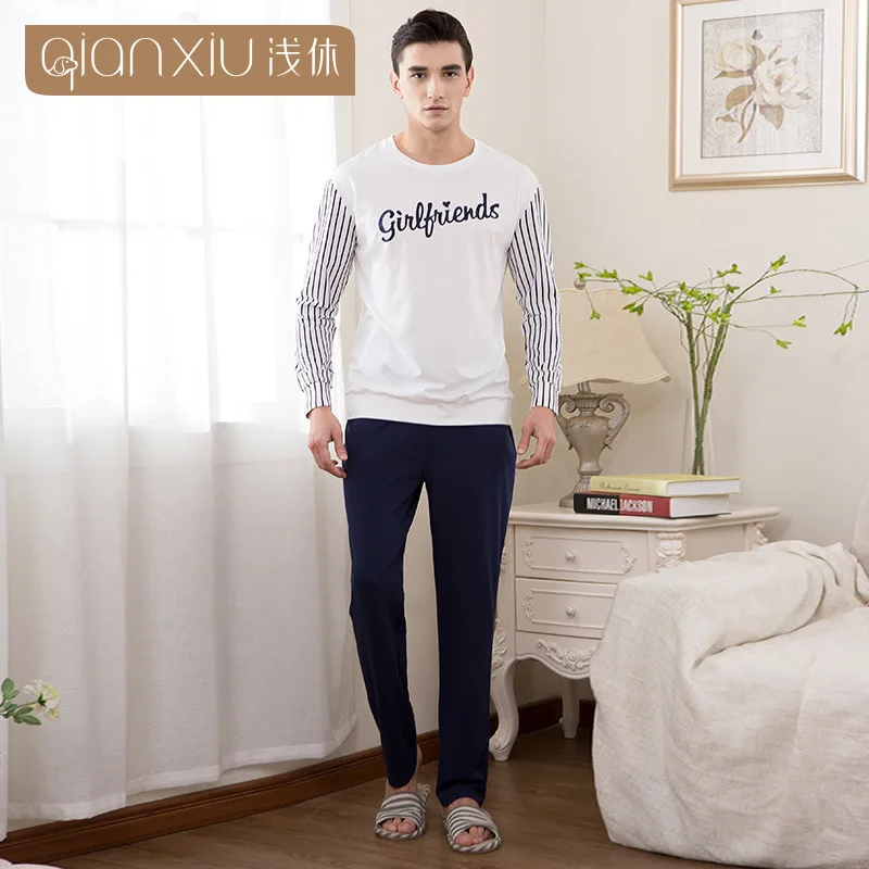 Qianxiu/пара пижам с длинными рукавами; полосатая Хлопковая мужская одежда для сна; удобная одежда для отдыха; Пижама для мужчин; Мужская пижама