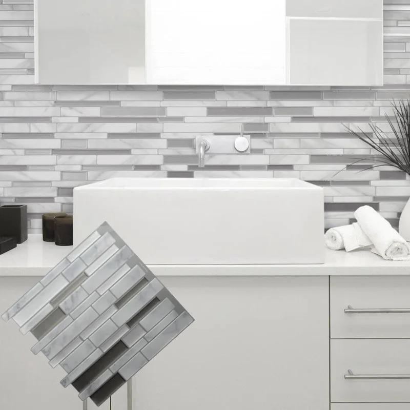 

White Grey Marble Mosaic Peel and Stick Wall Tile Self adhesive Backsplash DIY Kitchen Bathroom Home Wall Decal Sticker Vinyl 3D