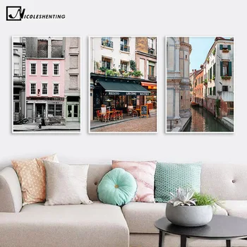 

Venice France New York House Architecture Retro Poster Wall Art Canvas Print Building Landscape Picture Painting Nordic Decor