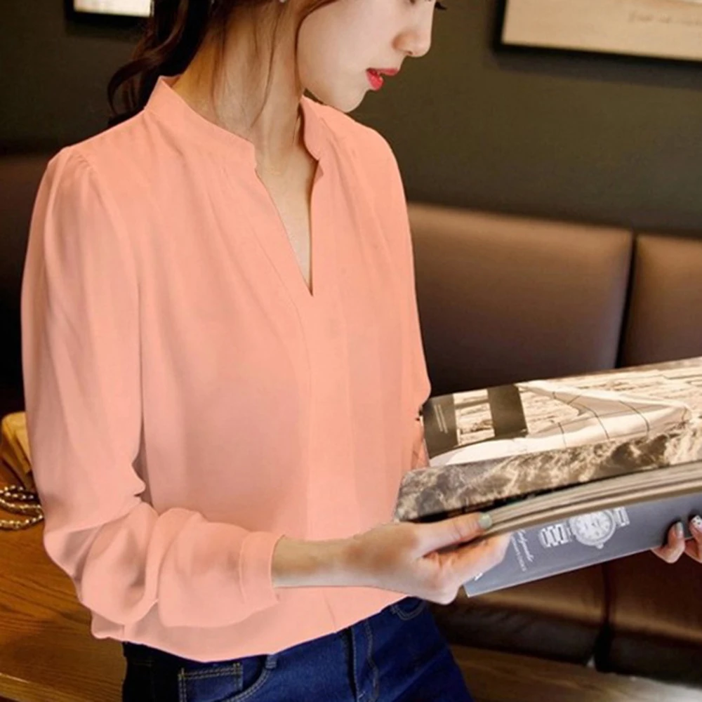 

Women Casual V-Neck Chiffon Shirts Tops Female Solid Color Loose Full Sleeve Blouse Summer Autumn Shirts Elegant Slim Pink