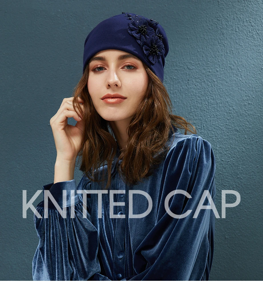 2018 Autumn Female Beanie Bonnet With Rhinestone Hats Three Flowers Caps Knitted Cotton For Women Warm Beanies Slouchy Skullies (1)