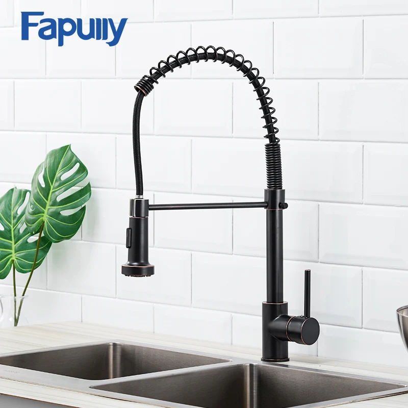 

Fapully Spring Brass Kitchen Sink Faucet Oil Rubbed Cold and Hot Water Mixer Single Handle High Arch 360 Rotate Spray Tap 189-33