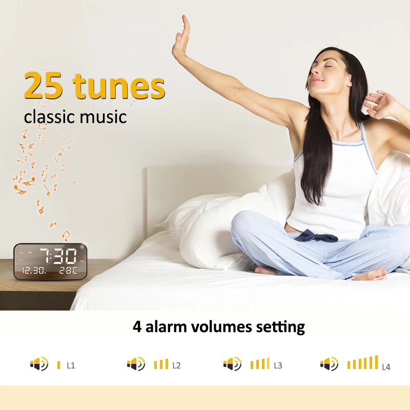 Светодиодный музыкальный будильник Chord, отображение времени, недели, даты, отображение температуры, 24/12 часов, регулируемый объем, USB цифровой будильник
