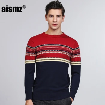 

Aismz 2018 Autumn Winter Male O Neck Knitted Slim Fit Warm Thick 100% Cotton Luxury Pullover Sweater Men Fashion Casual Striped