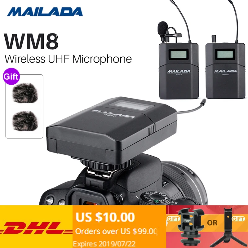 

Mailada WM8 Wireless UHF DSLR Camera Microphone System On Camera Lavalier Lapel Mic Receiver Transmitter PK Boya Comica Rode