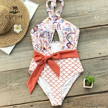 CUPSHE Orange Wrap Belt One-Piece Swimsuit Women Cross High Leg Cut Monokini Beach Bathing Suit Girl Boho Swimwear