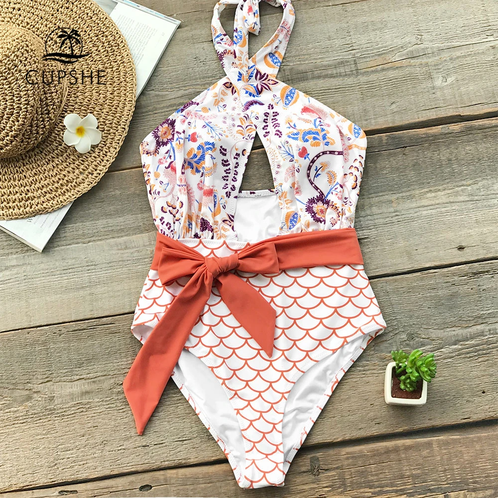 

CUPSHE Orange Wrap Belt One-Piece Swimsuit Women Cross High Leg Cut Monokini Beach Bathing Suit 2019 Girl Boho Swimwear